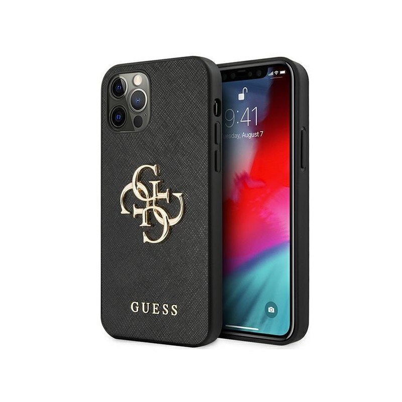 Husa Spate Premium Guess Compatibila Cu iPhone 12 / 12 Pro, Colectia Saffiano Metal Logo, Negru - 4668