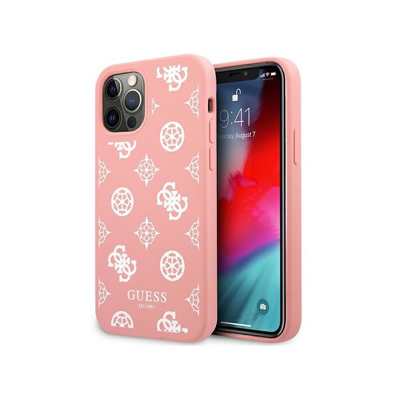 Husa Spate Premium Guess Compatibila Cu iPhone 12 / 12 Pro, Colectia Peony, Silicon Roz Alb - 4033