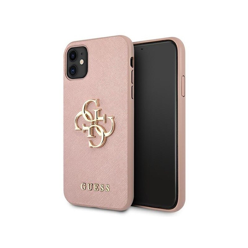 Husa Spate Premium Guess Compatibila Cu iPhone 11, Colectia Saffiano Metal Logo, Roz - 6549