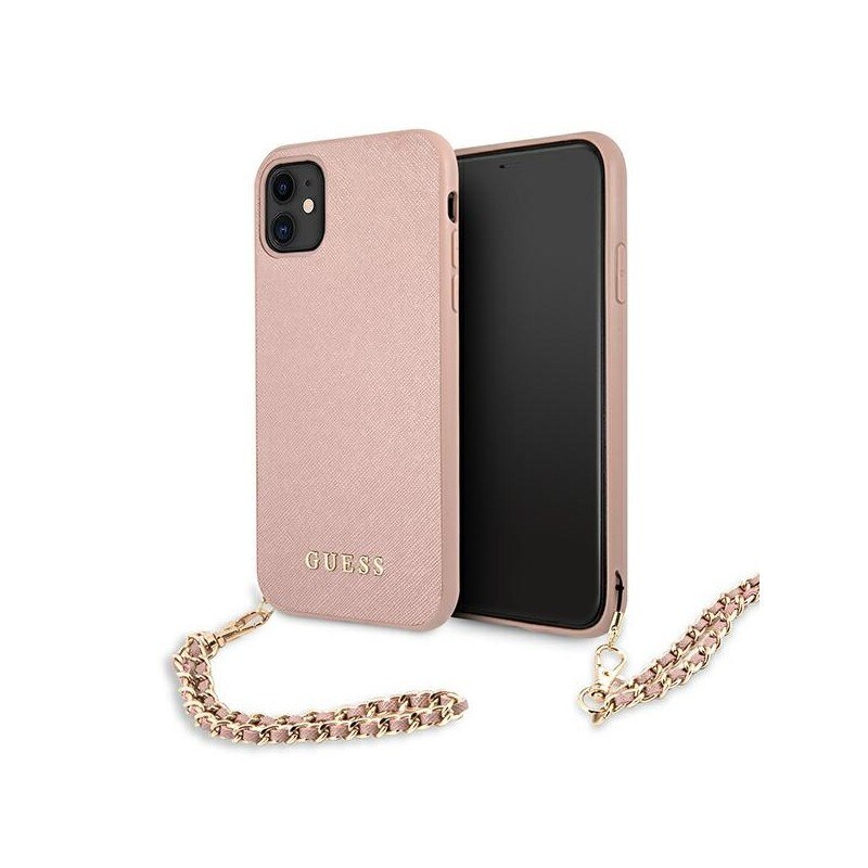 Husa Spate Premium Guess Compatibila Cu iPhone 11, Colectia Saffiano Chain, Roz - 6068