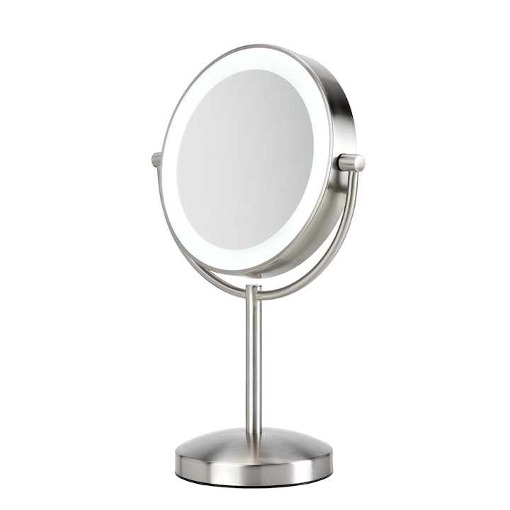 Козметично огледало BaByliss 9437E, LED, Лупа, Увеличаване 8x, 21.6 см, 2 лица, 360° въртене, Silver