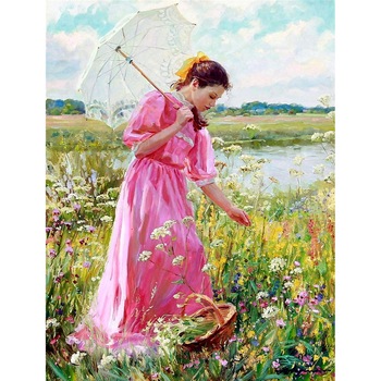 Tablou cu rama de lemn 020, Fata cu umbrela pe camp, Pictura cu Diamante, Goblen cu pietre 5D, 40 x 50 cm - Krista® Tablou cu rama de lemn 020, Fata cu umbrela pe camp, Pictura cu Diamante, Goblen cu pietre 5D, 40 x 50 cm - Krista®