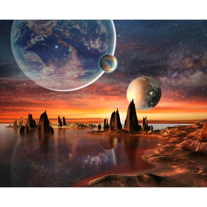 Fototapet Univers, planeta cu munti si mare, 300 x 200 cm