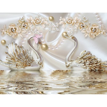 Fototapet Lebede, flori aurii, 220 x 135 cm Fototapet Lebede, flori aurii, 220 x 135 cm