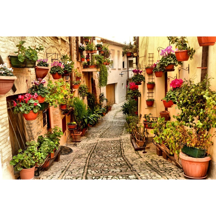 Fototapet Strada cu flori din Spello, Umbria, 300 x 200 cm