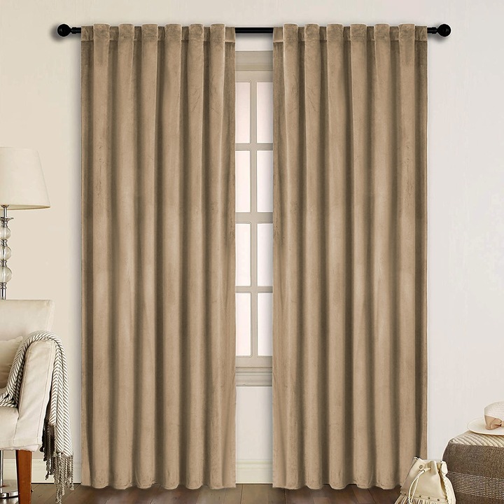 Set draperii din catifea cu rejansa transparenta cu ate pentru galerie, Madison, 150x230 cm, densitate 700 g/mp, Latte, 2 buc