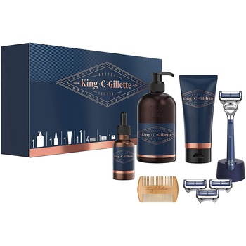 Kit de ingrijire profesional King C Gillette, aparat de ras, 3 lame, gel de ras, gel de curatare barba si fata, ulei de barba, 1 pieptene, Blue Kit de ingrijire profesional King C Gillette, aparat de ras, 3 lame, gel de ras, gel de curatare barba si fata, ulei de barba, 1 pieptene, Blue