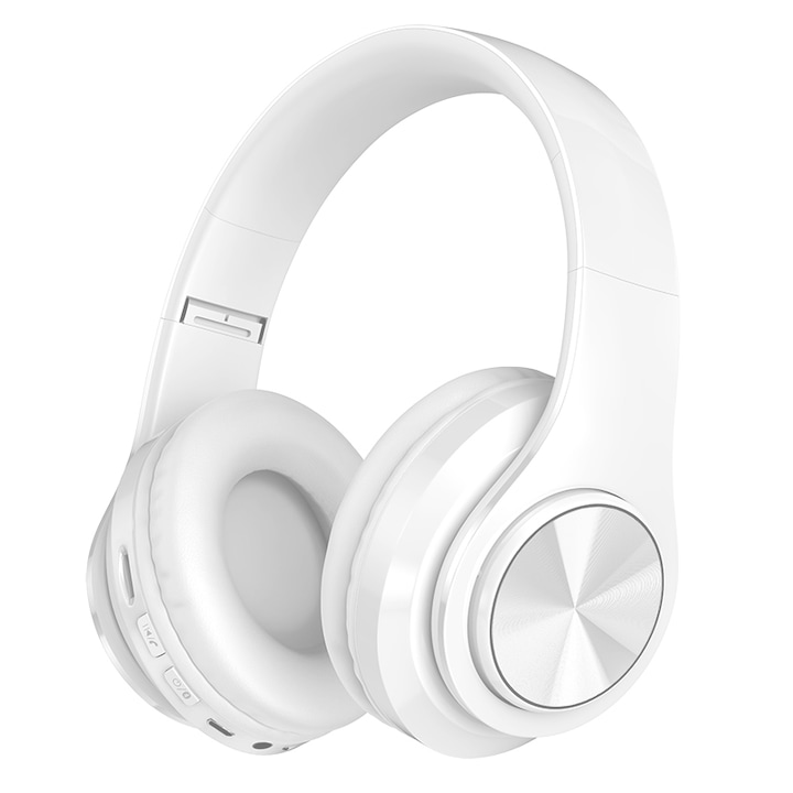 DacEnergy fejhallgató, vezeték nélküli, Bluetooth 5.0 / MP3 kártya, plug-in, HI-FI hang, kihangosított hívás, ergonómikus kialakítás, fehér