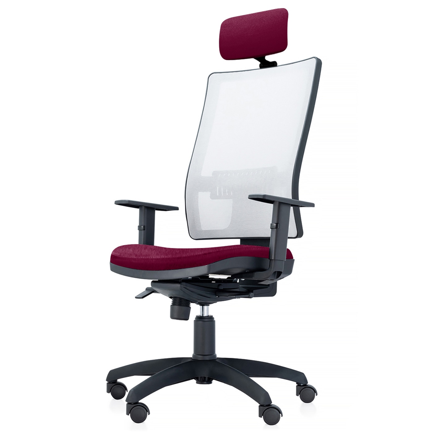 Scaun ergonomic de birou TRAFFIC CHAIRS RONDO, sezut reglabil pe adancime textil BORDO, spatar reglabil pe inaltime mesh ALB