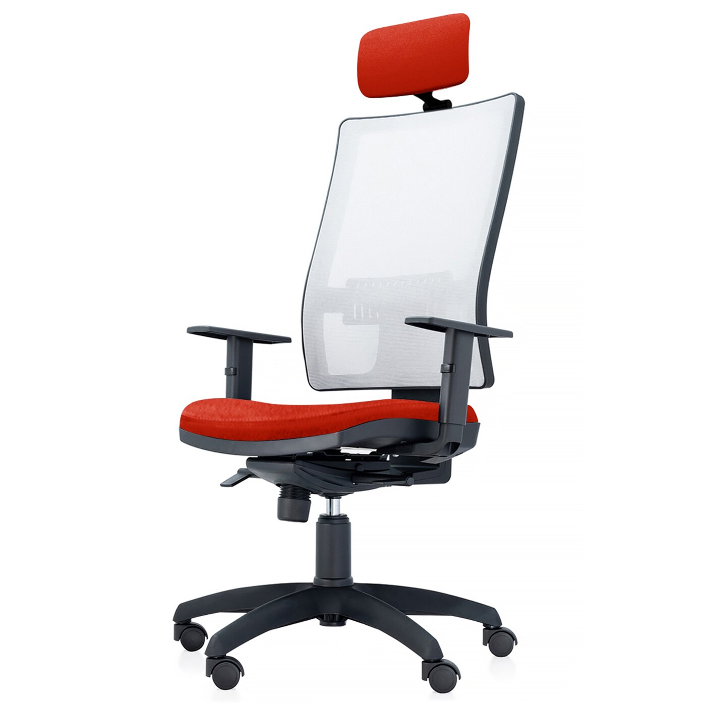 Scaun ergonomic de birou TRAFFIC CHAIRS RONDO, sezut reglabil pe adancime textil PORTOCALIU INCHIS, spatar reglabil pe inaltime mesh ALB