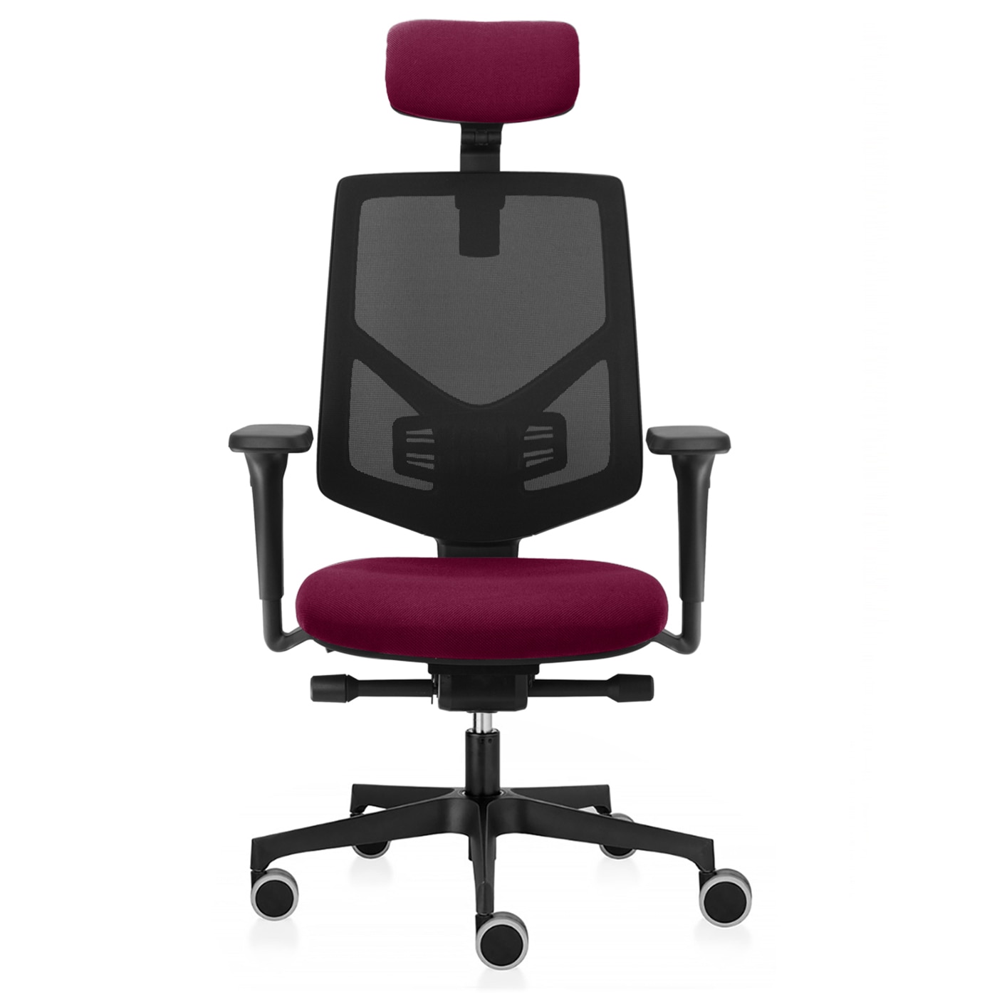 Scaun ergonomic de birou TRAFFIC CHAIRS FIT, spatar reglabil pe inaltime mesh NEGRU, sezut reglabil pe adancime textil BORDO