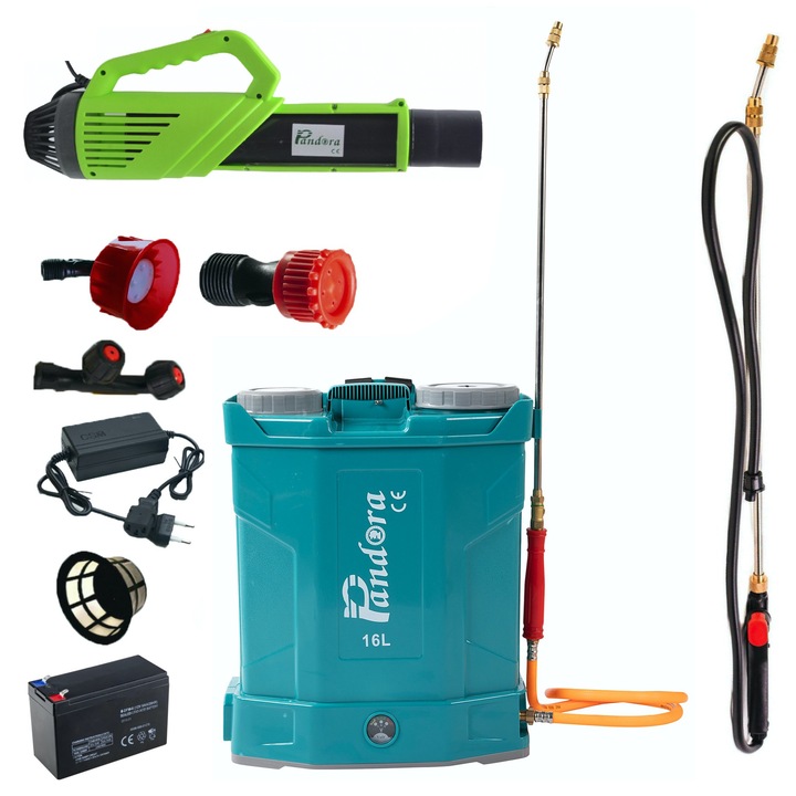 Set Pompa stropit electrica Pandora PRO cu suport lombar, 16L, 6 Bar, Atomizor electric, Lance extensibila inox 3m cu declansator si furtun incluse