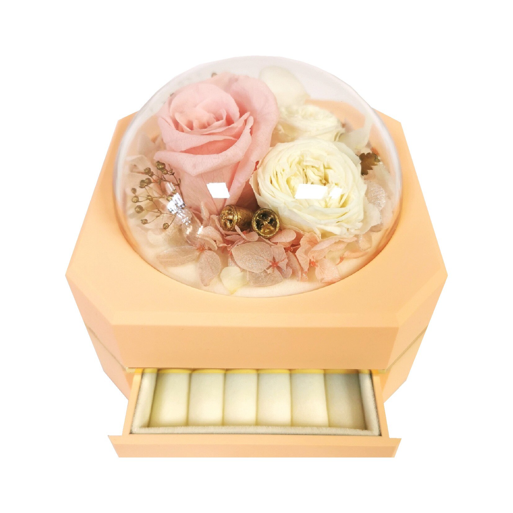 Aranjament cutie pentru bijuterii roz cu hortensie criogenata si mini rose criogenate , D art Flowers, 12x12x11 cm