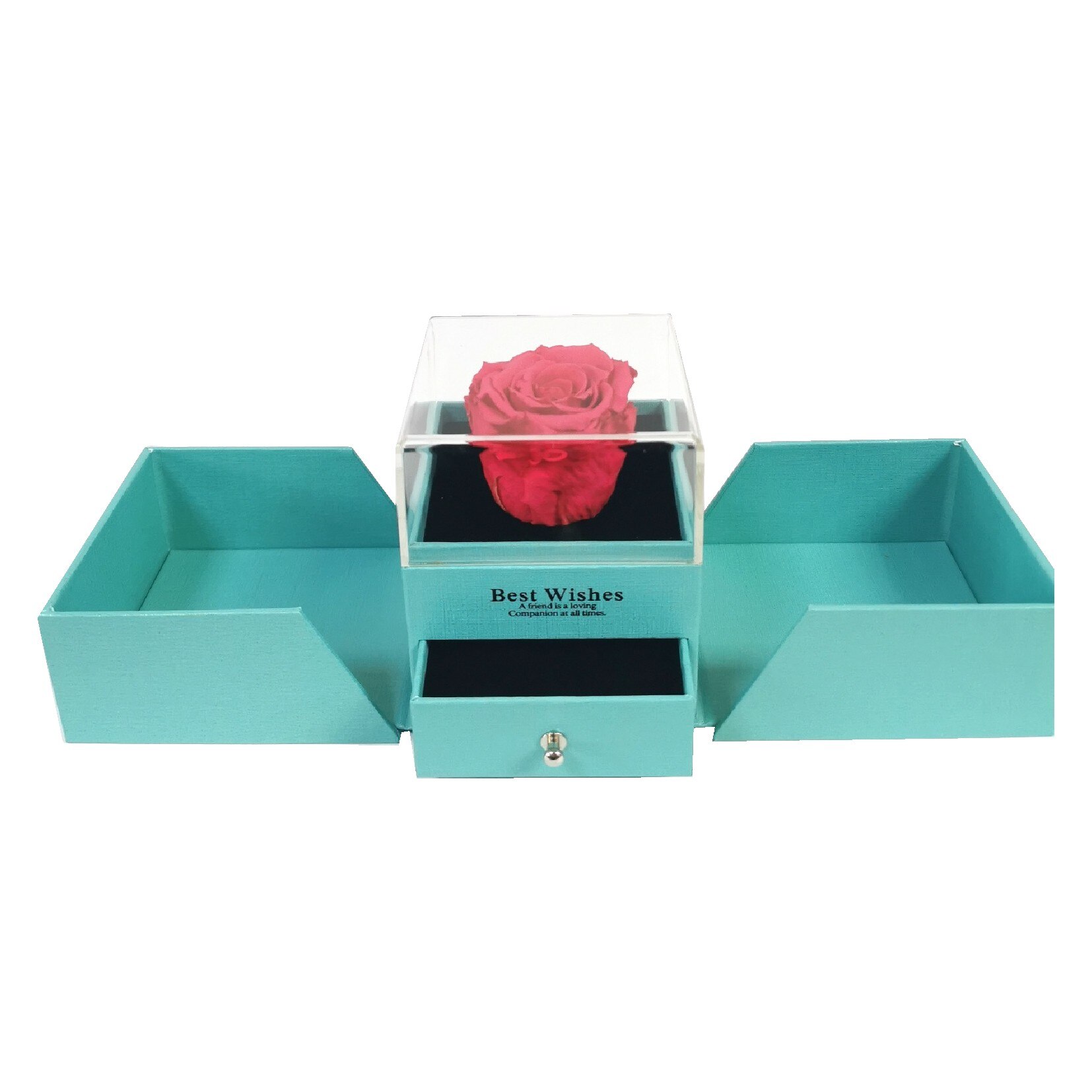Aranjament cutie pentru bijuterii turcoaz inchis cu trandafir criogenat , D art Flowers, 10x10x11 cm