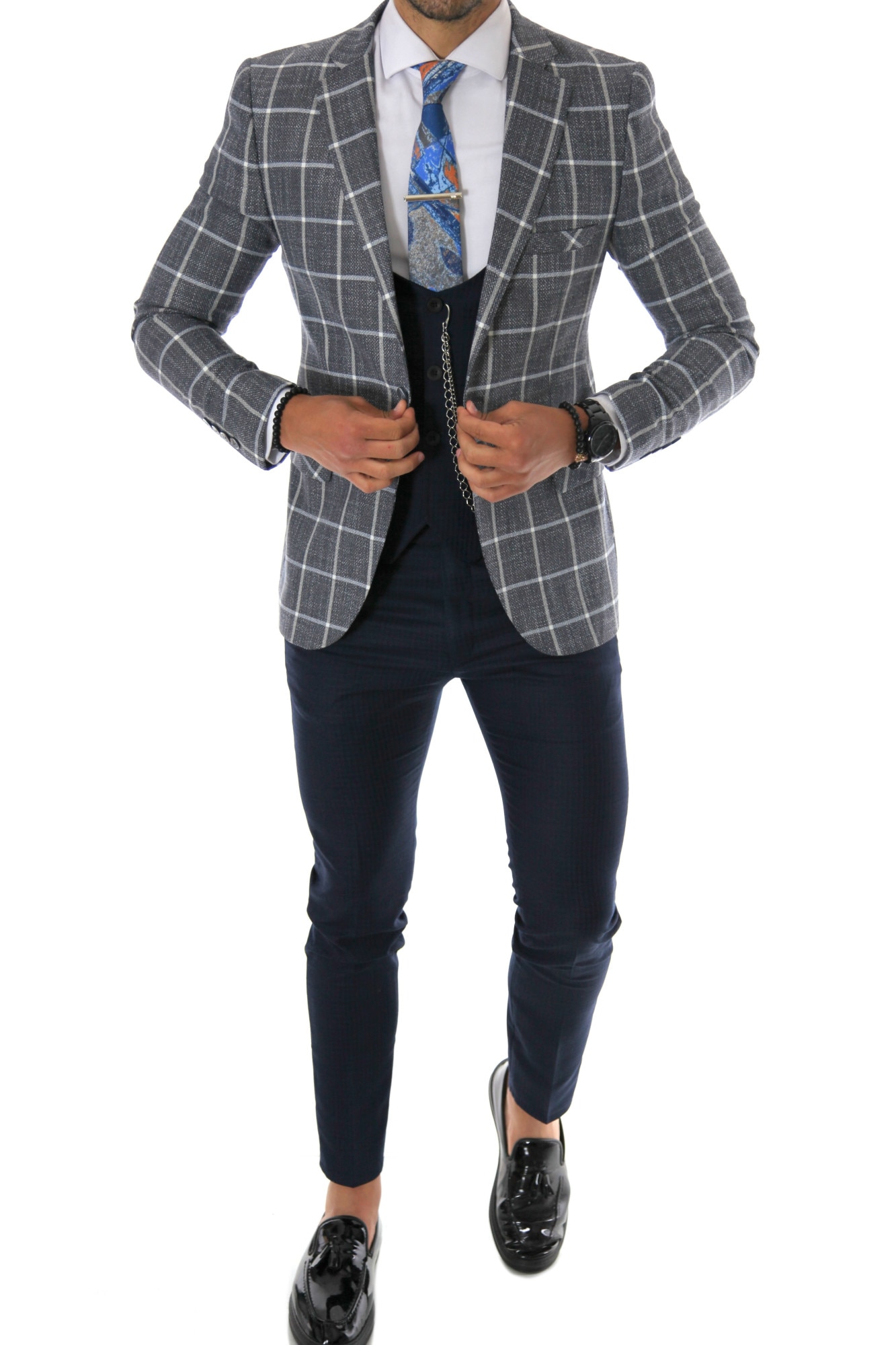 Sacou pentru barbati, slim fit, elegant, gri, B5320, Bleumarin, 46