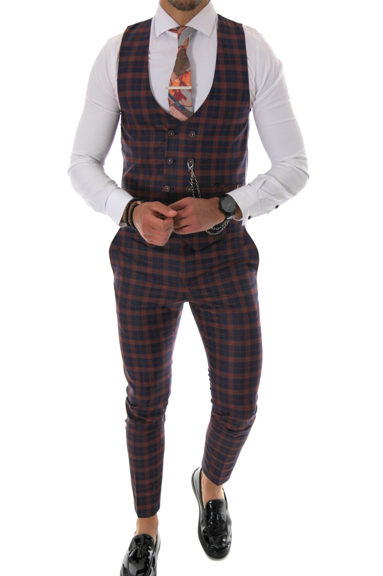 Costum bleumarin, pentru barbati, slim fit, pantaloni, vesta, B4157, Bleumarin