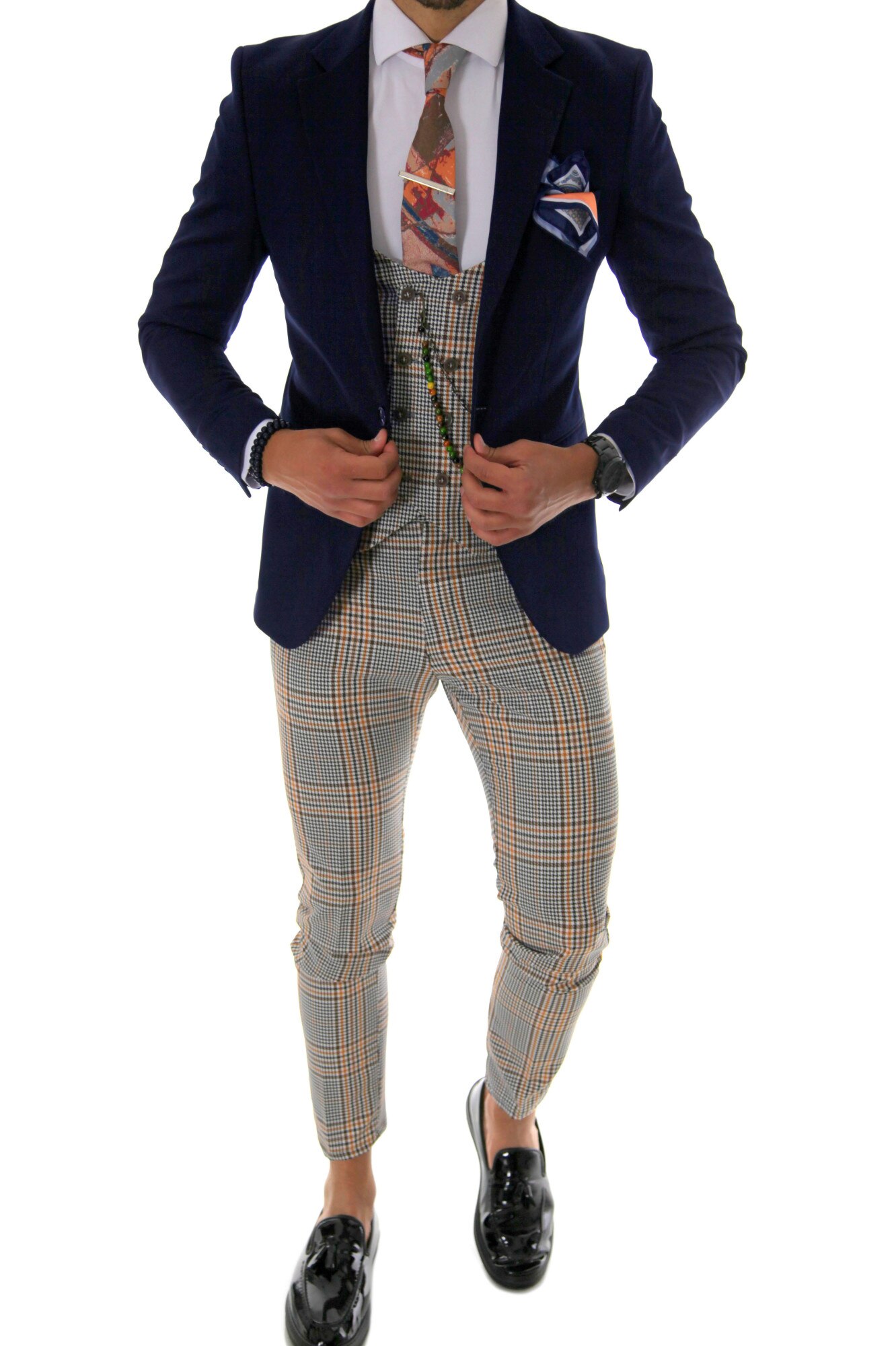 Costum bleumarin, pentru barbati, slim fit, sacou, pantaloni, vesta, B4152, Bleumarin