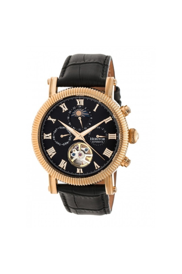 Ceas Barbti Heritor Winston Semi-Skeleton Automatic, curea din piele, Negru