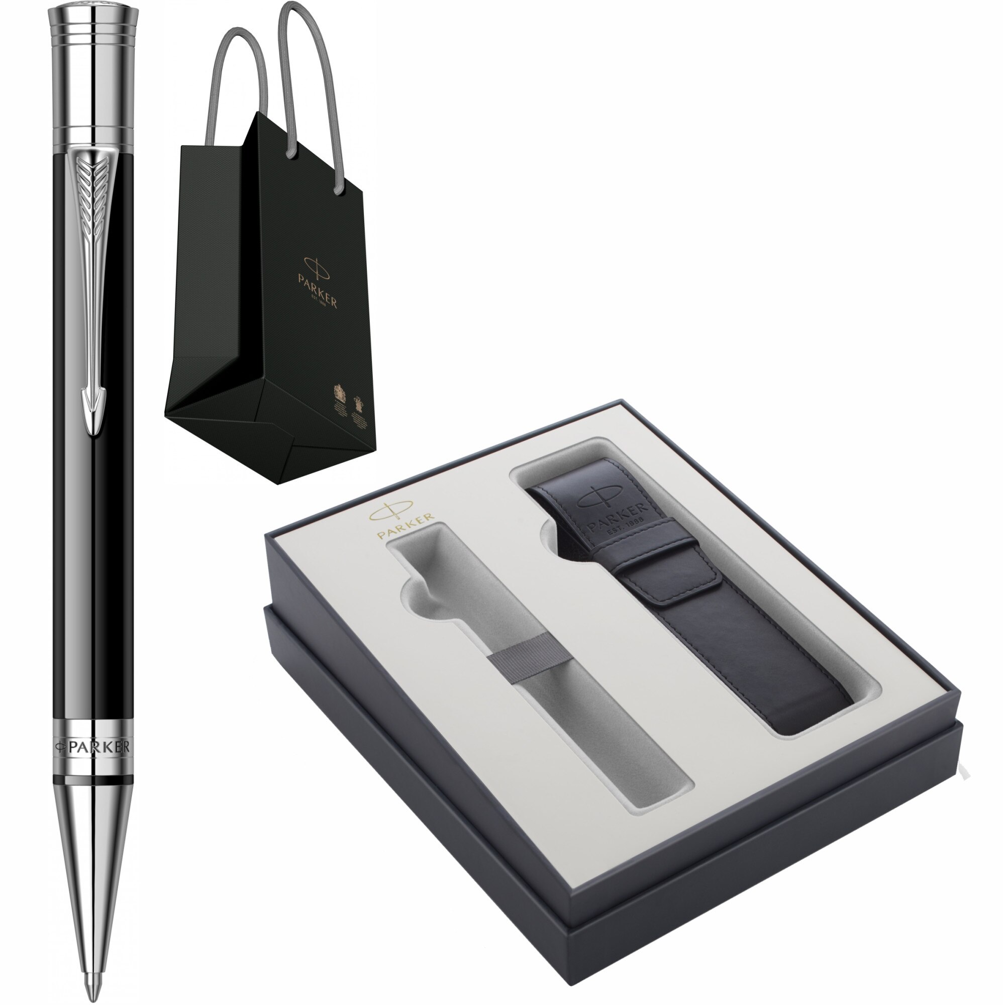Set Parker Pix Duofold Royal Classic Black PDT in cutie cu etui Parker Focus Collection si punga