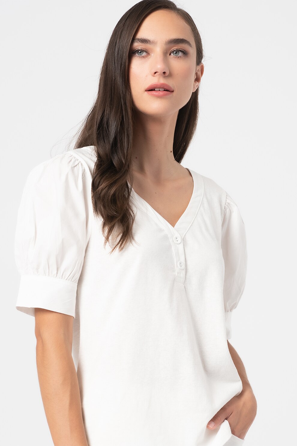 GAP, Bluza cu maneci scurte si decolteu in V, Alb optic