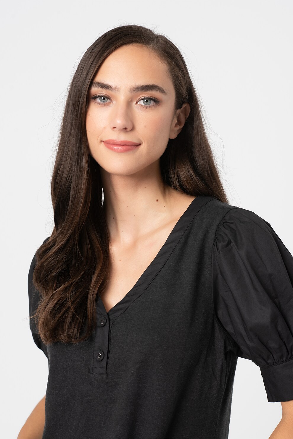 GAP, Bluza cu maneci scurte si decolteu in V, Negru stins