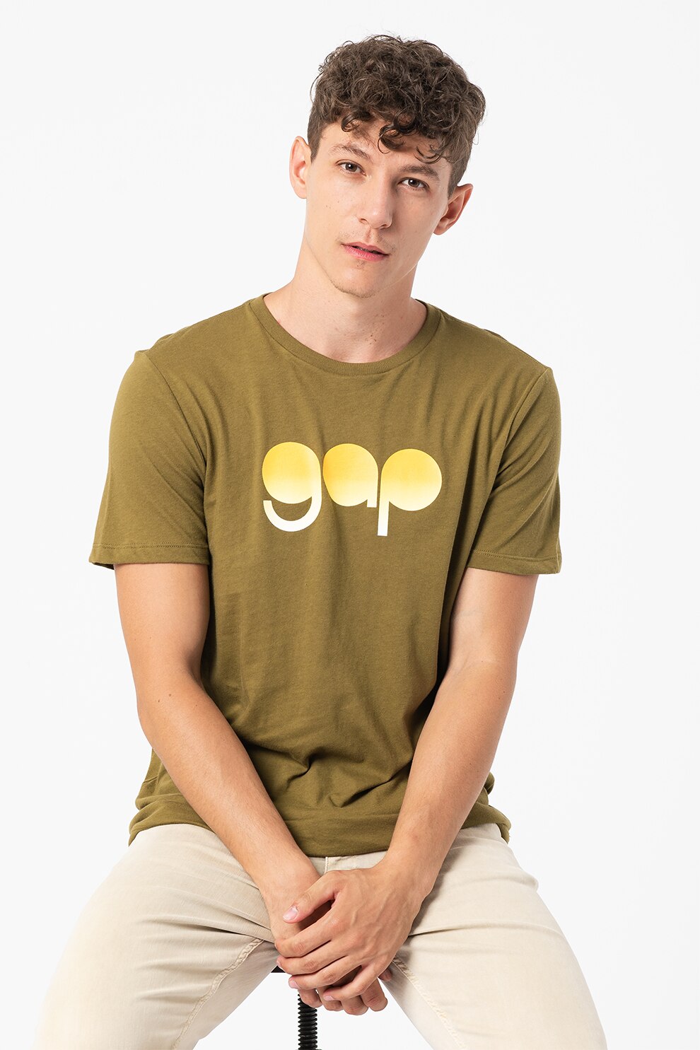 GAP, Tricou de bumbac cu imprimeu logo, Verde oliv/galben