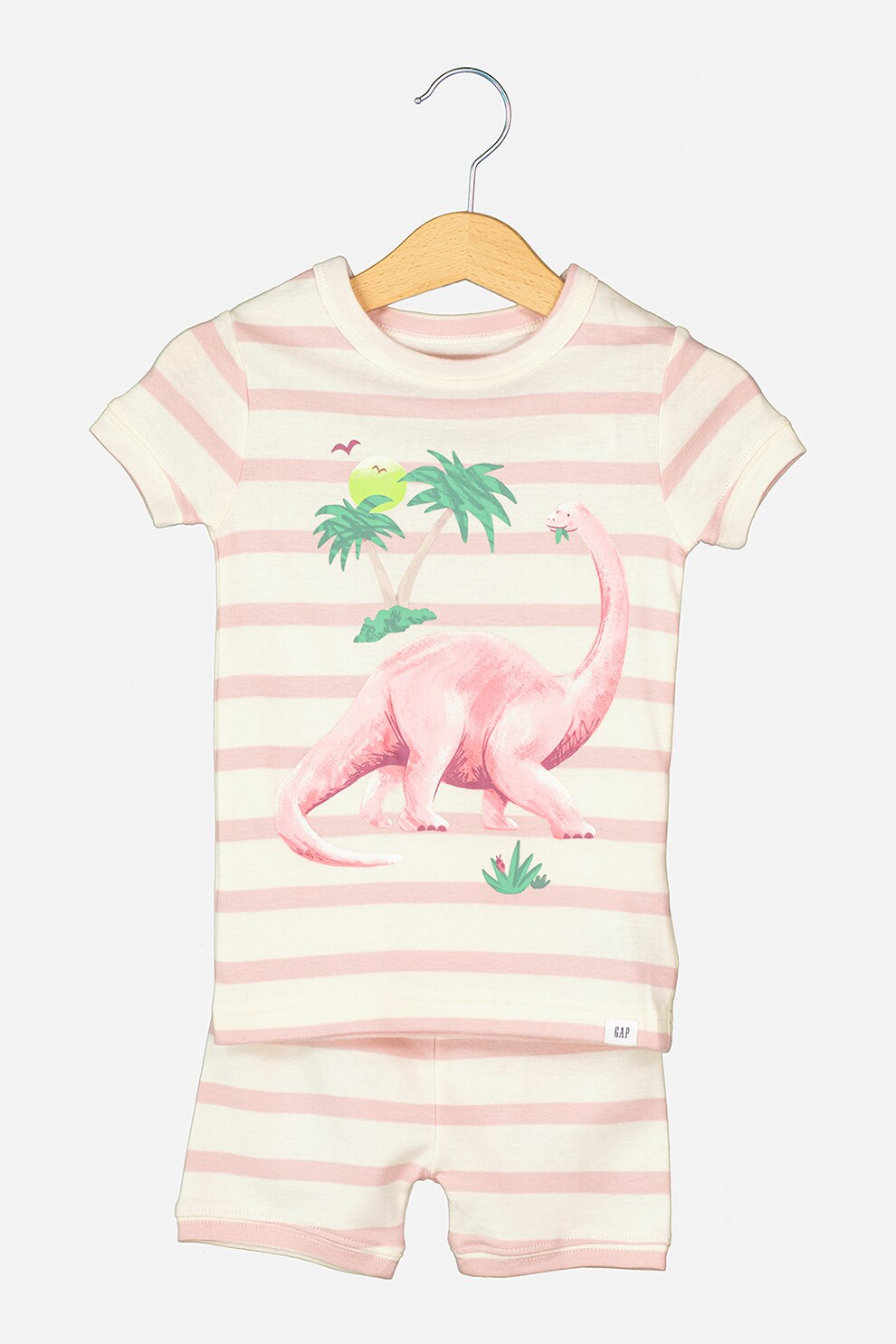 GAP, Pijama de bumbac organic cu pantaloni scurti cu dungi, alb fildes, roz pastel, verde