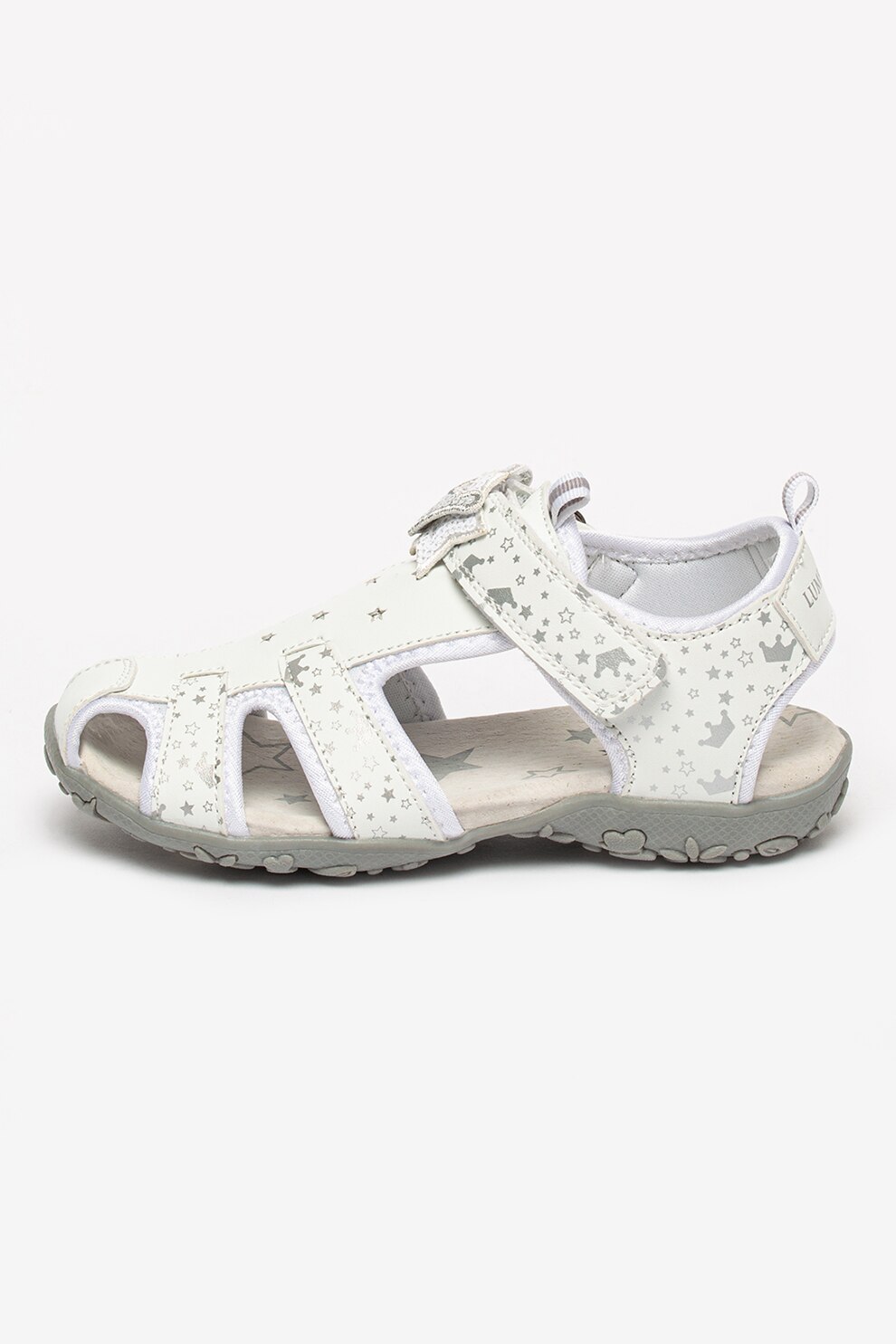 Lumberjack, Sandale de piele ecologica cu imprimeu Linda, Alb/Argintiu