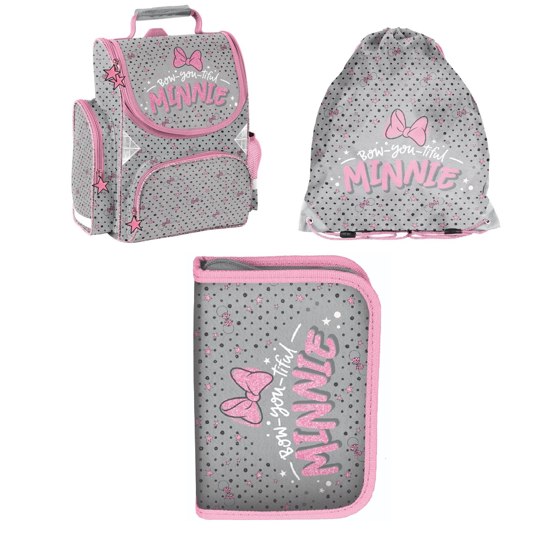 Set ghiozdan scoala minnie , penar, geanta pliabila incaltaminte, multicolor