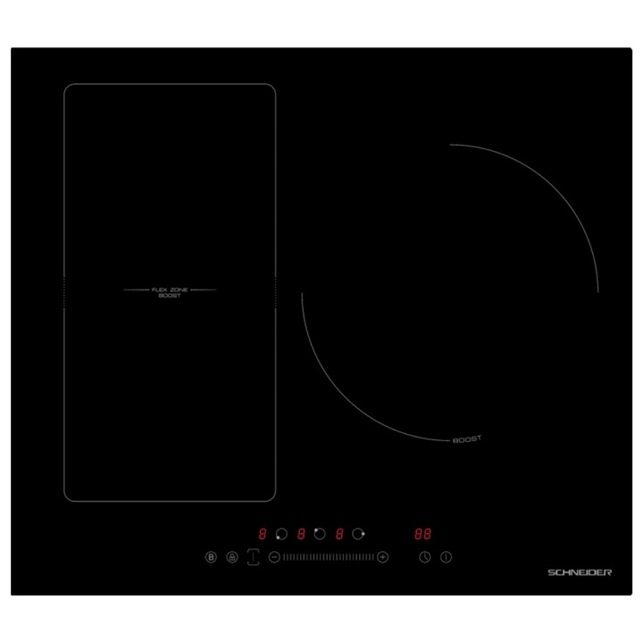 Индукционен плот за вграждане Schneider SCTI6031N3/1, 7400 W, 3 зони, 9 степени, Заключване на управлението, Черен