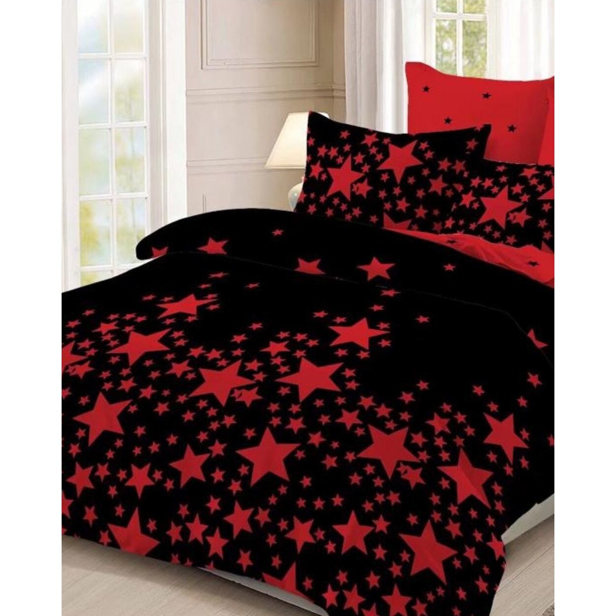 Set Lenjerie Finet Satinat, 6 Piese, Pat 2 Persoane, Red Stars