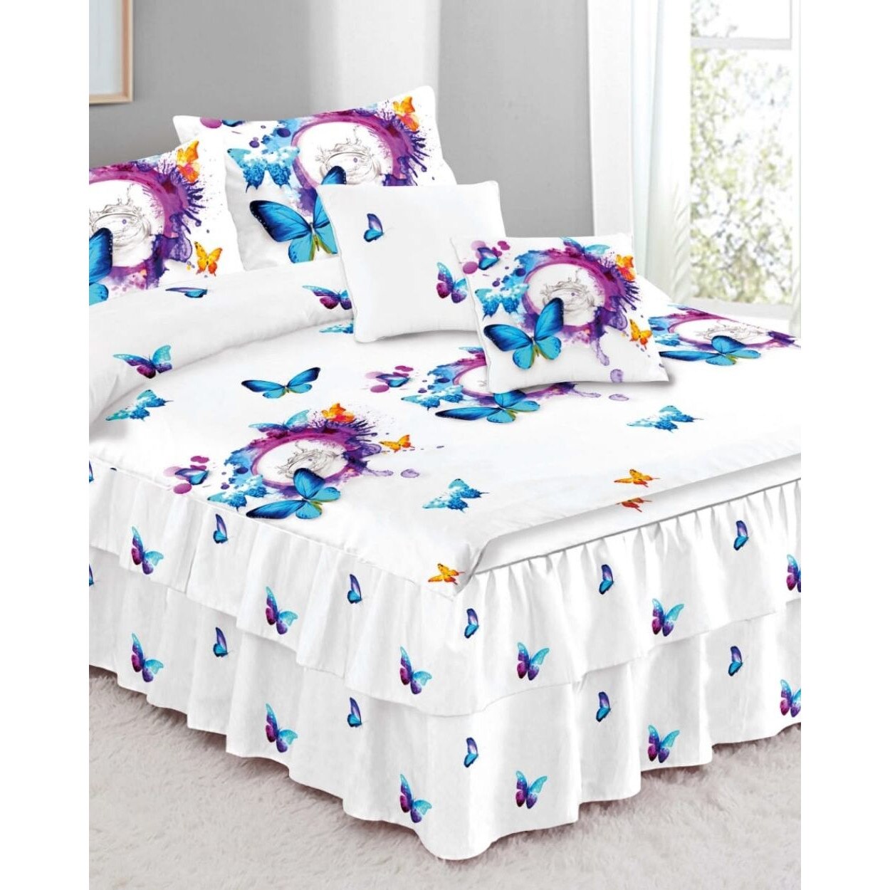 Set Lenjerie Finet Satinat cu Volanase, 6 Piese, Pat 2 Persoane, FNVC-79