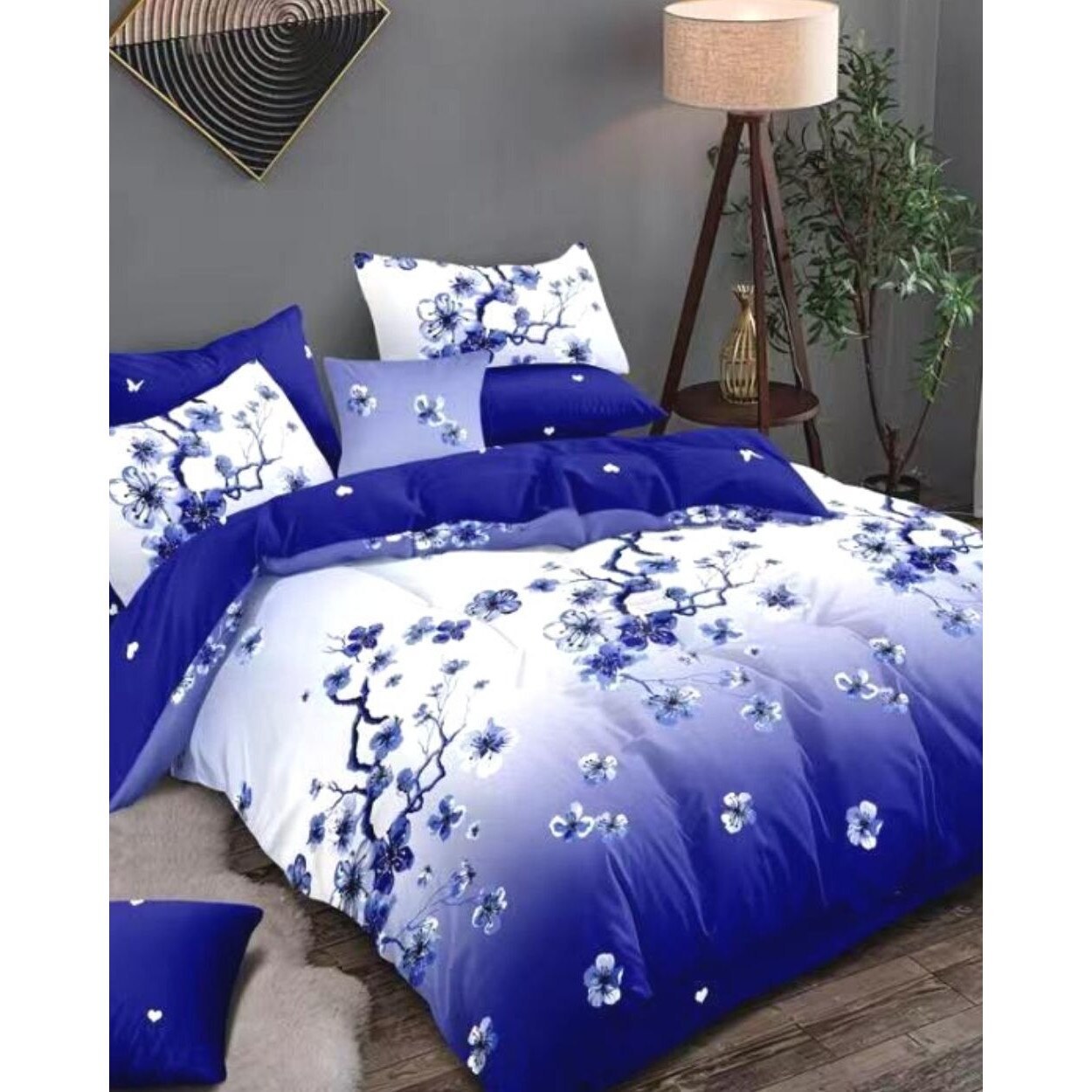 Set Lenjerie Finet Satinat, 6 Piese, Pat 2 Persoane, Blue Tree