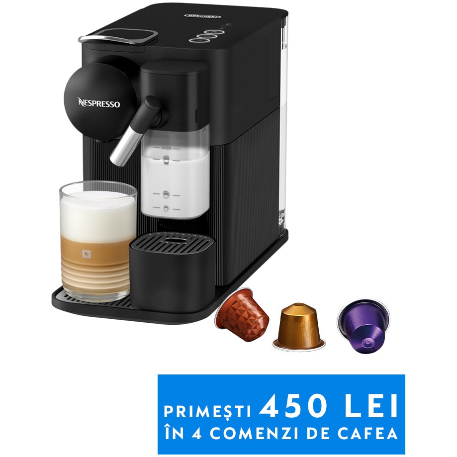 Espressor Nespresso by De’Longhi Lattissima One Evolution EN510.B, 1450 W, 19 bari, Negru, set capsule degustare inclus