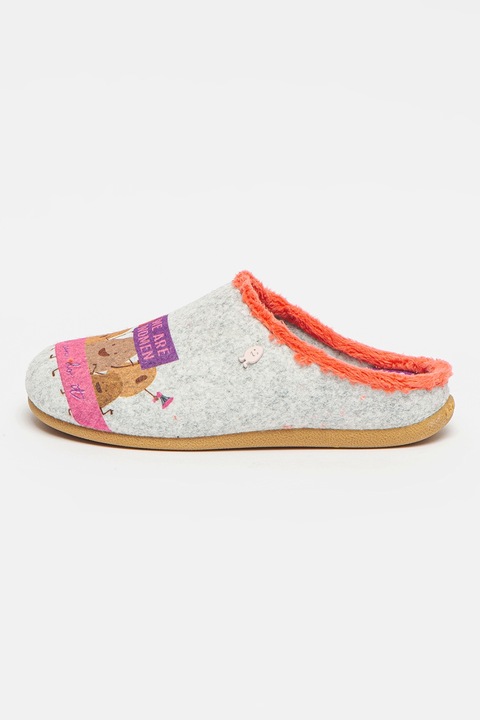 Hot Potatoes, Papuci de casa cu imprimeu grafic, Gri/Violet/Coral, 40