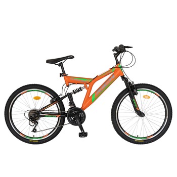 Bicicleta Rich Alpin, Suspensie Dubla, Saiguan Revoshift 18 Viteze, Roti 26 Inch, Frane V-Brake, CSR26/49A, Cadru Portocaliu cu Design Verde Bicicleta Rich Alpin, Suspensie Dubla, Saiguan Revoshift 18 Viteze, Roti 26 Inch, Frane V-Brake, CSR26/49A, Cadru Portocaliu cu Design Verde