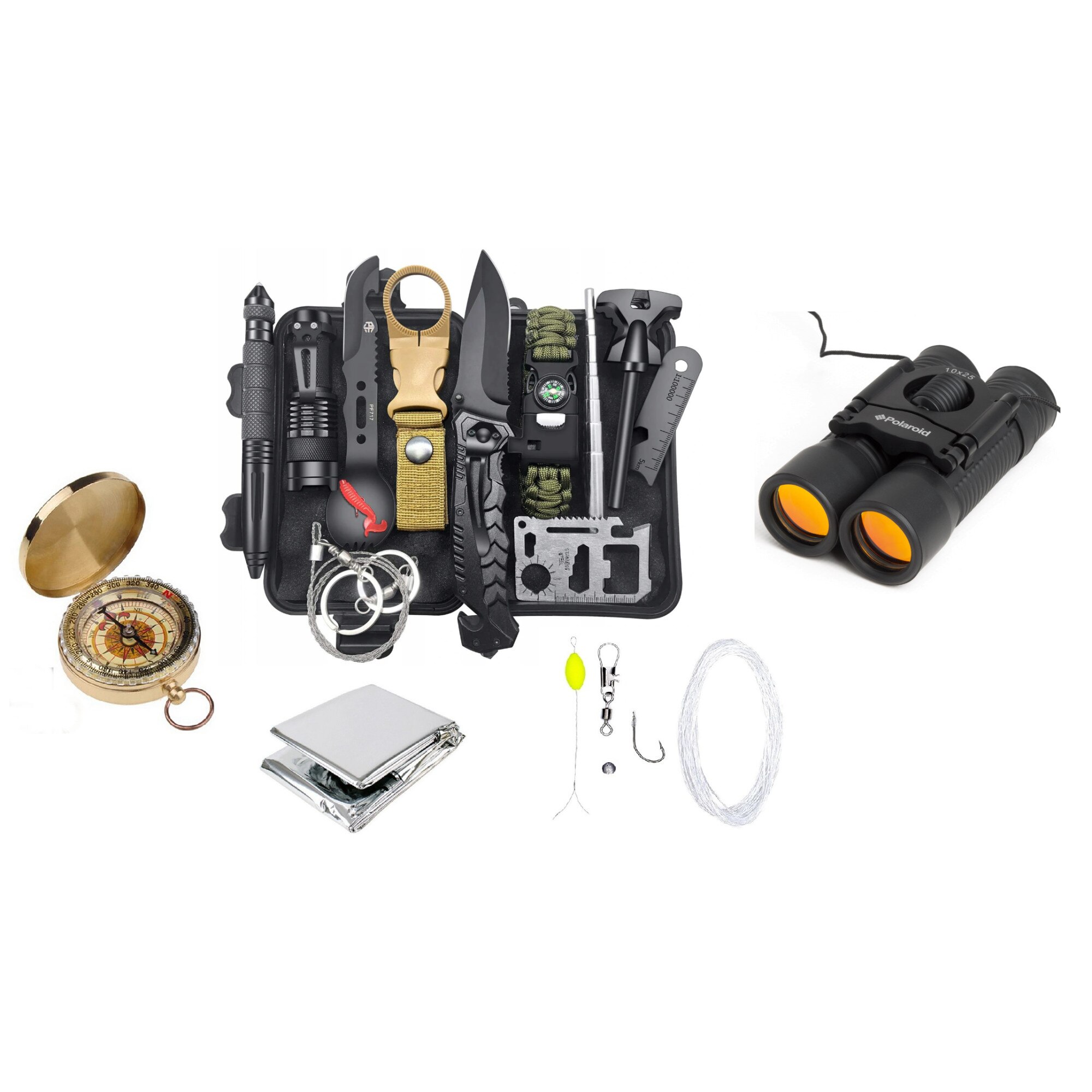 Set Kit Supravietuire multifunctional, Busola fosforescenta, Folie izoterma si Binoclu Polaroid 10x25 mini