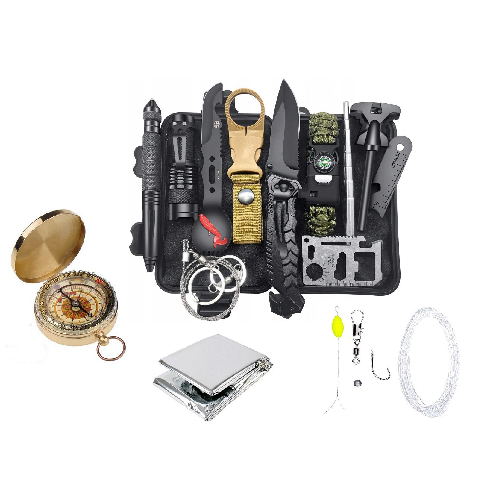 Kit Supravietuire turistic, multifunctional, Busola fosforescenta si Folie izoterma 130 x 210 cm, 14 piese