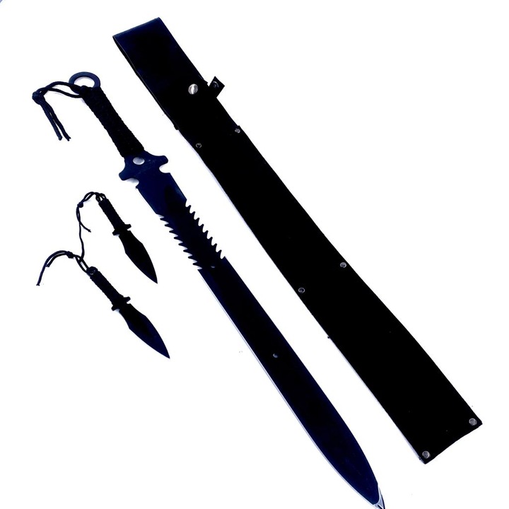 Set Maceta de vanatoare Fish Bones, maner textil, teaca, 68 cm, 2 cutite kunai incluse