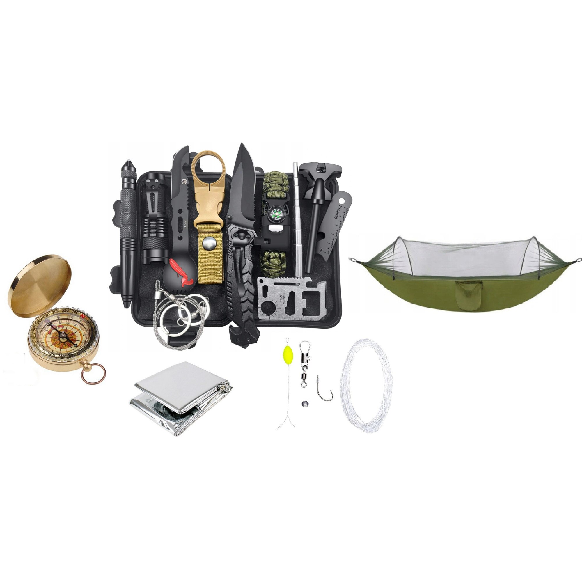 Set Kit Supravietuire multifunctional, Busola fosforescenta, Folie izoterma si Hamac cu plasa de protectie impotriva tantarilor/insectelor