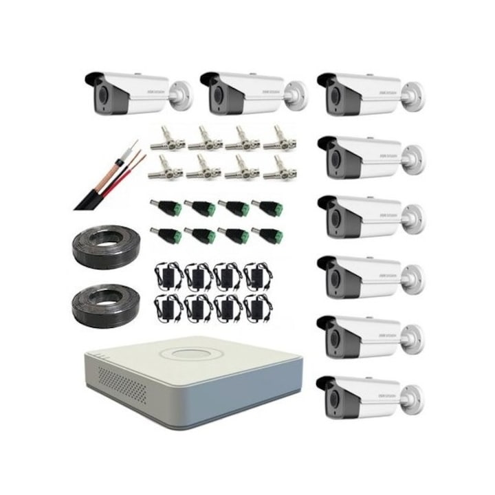 Kit 4 camere supraveghere exterior, Hikvision, 8MP, IR 60m, DVR 4 canale, accesorii montaj, acplicatie telefon