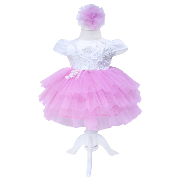Rochie alb-roz cu broderie pentru botez, 2 piese, rochie, bentita pentru fetite, REC1388, 1-4 luni