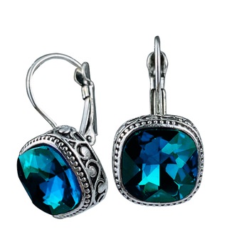 Cercei argintiu cu cristal patrat Turcoaz, tortita Inchisa WE015 Cercei argintiu cu cristal patrat Turcoaz, tortita Inchisa WE015