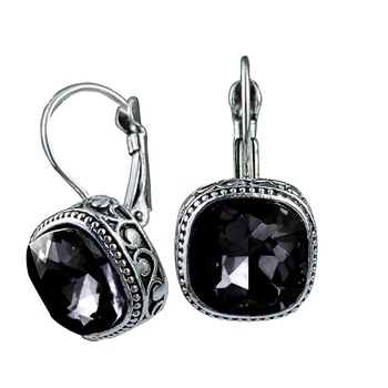 Cercei argintiu cu cristal patrat Negru, tortita Inchisa WE015 Cercei argintiu cu cristal patrat Negru, tortita Inchisa WE015