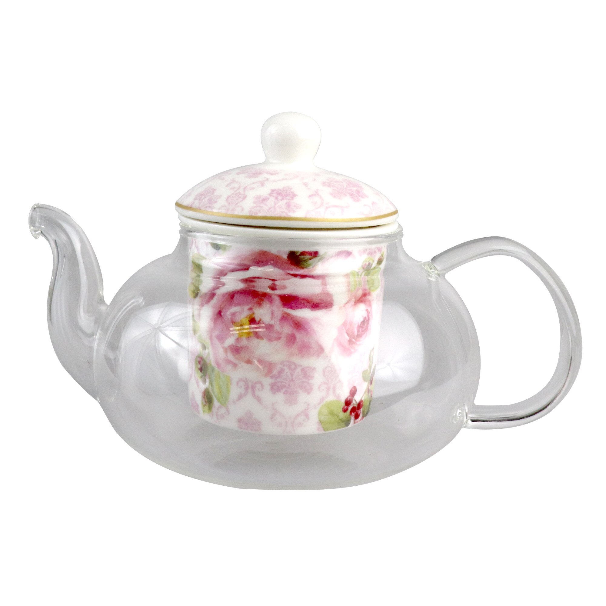 Ceainic - Glass teapot with porcelain infuser - Floral Damask, Transparent, Sticla, 500 ml