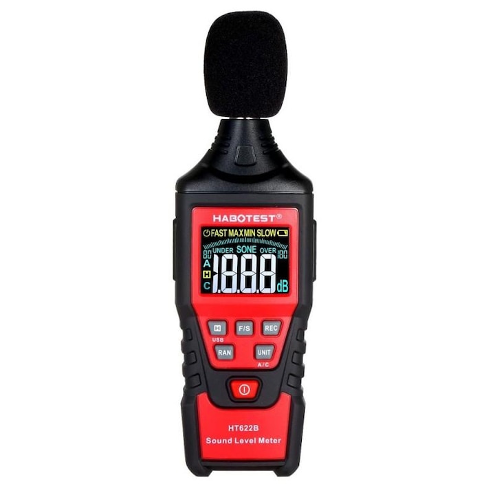Habotest HT622B digitális mérőeszköz, professzionális decibelmérő (A/C), multiméter, USB, LCD kijelző, fekete