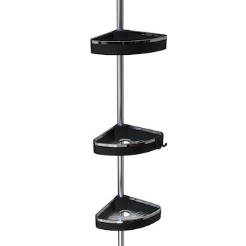 Etajera colt pentru baie si dus, Venta, 3 rafturi si 2 carlige, inaltime reglabila 135-260 cm, montare pe colt in tensiune pe capate, din Aluminiu, Negru Etajera colt pentru baie si dus, Venta, 3 rafturi si 2 carlige, inaltime reglabila 135-260 cm, montare pe colt in tensiune pe capate, din Aluminiu, Negru