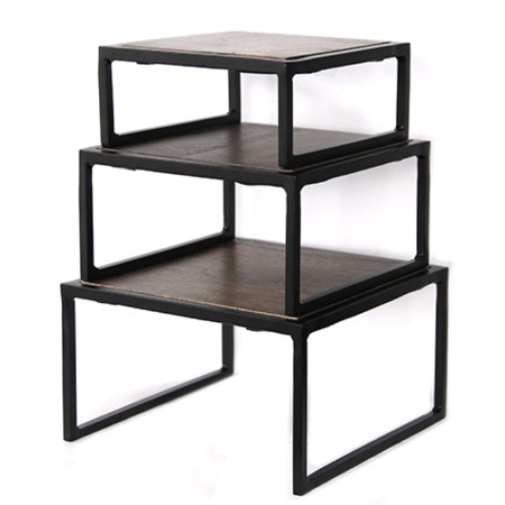 Set 3 standuri RAKI metal, lemn bufet 15x15xh7,5cm, 20x20xh10cm, 25x25xh12cm