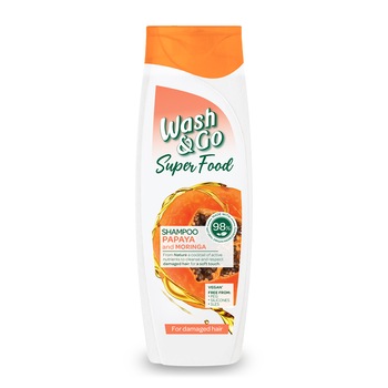 Sampon pentru par deteriorat Wash&Go Super Food cu papaya, 400 ml Sampon pentru par deteriorat Wash&Go Super Food cu papaya, 400 ml