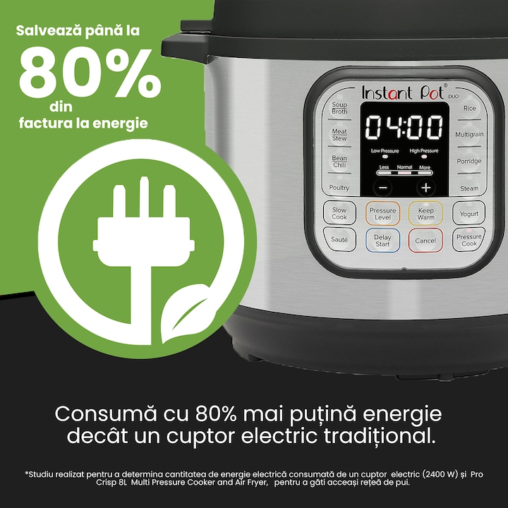 Мултикукър под нялагане Instant Pot DUO 6 112018201, 1000W, 5.7l, 13 програми, 7 функции, Система за безопасност, Сребрист/черен